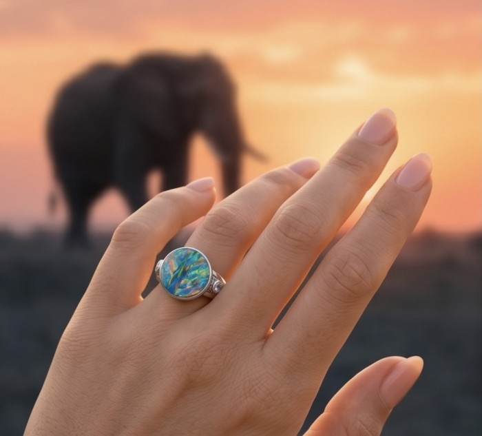 Endless Ocean Genuine 17.5 carat doublet Australian Opal .925 Sterling Silver handmade Ring size 6 3/4 - Opal ring worn on hand with an elephant in the background at sunset.