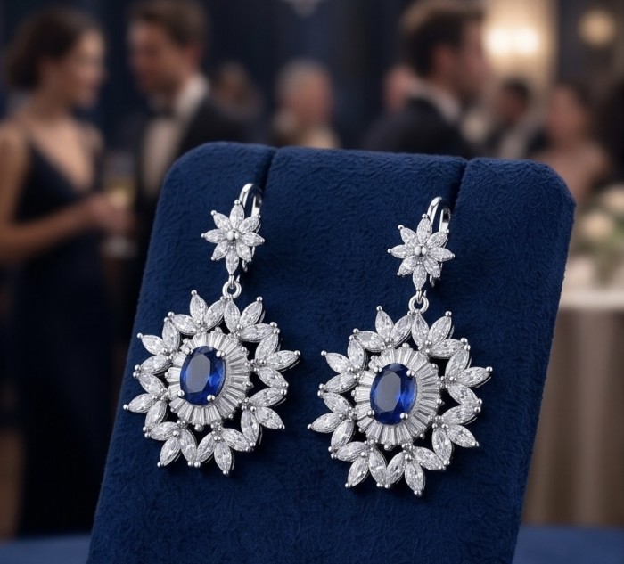 Art Deco - Incredible genuine 8.5 CARAT Sapphire .925 Sterling Silver handcrafted Earrings - Close-up of Art Deco earrings with sapphire and diamond design.