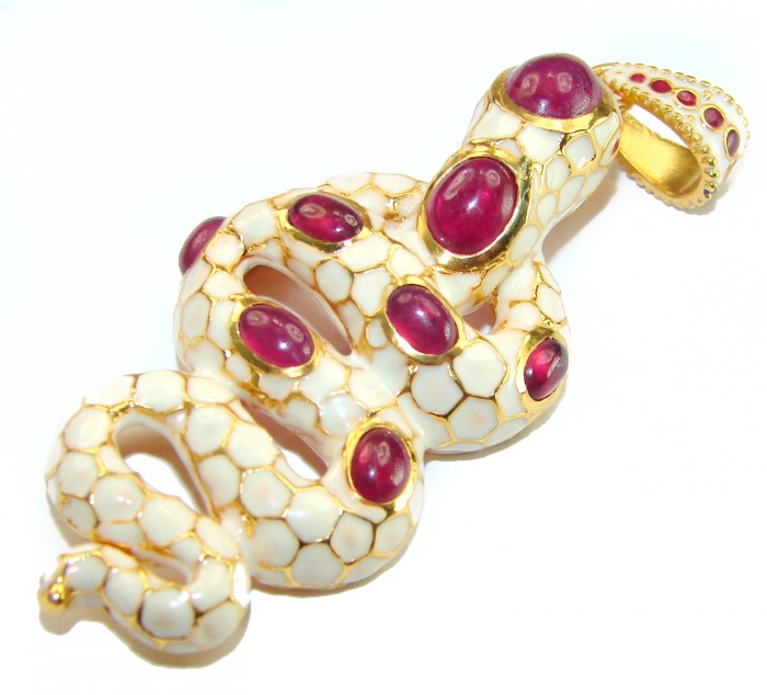 INCREDIBLE Natural Ruby Enamel Snake 14K Gold over .925 Sterling Silver Pendant - photo 1