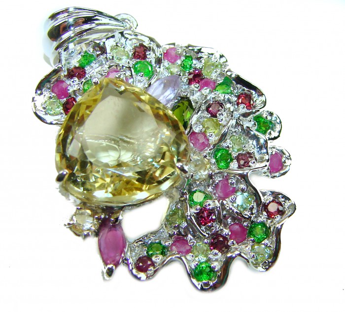 Vintage Design 12.4 CARAT authentic Amethyst 14K Gold over .925 Sterling Silver handcrafted Pendant - Vintage amethyst and multicolor gemstone brooch, front view close-up.