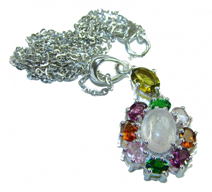 Red Rose authentic Rose Quartz .925 Sterling Silver handcrafted necklace - Pendant with multicolored stones on chain, top view, clasp visible