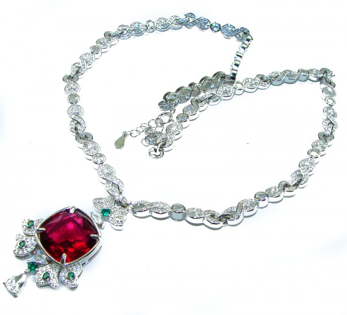 Art Deco - Luxurious natural 12.5 carat Ruby .925 Sterling Silver handmade Statement necklace - Luxurious ruby necklace, top view, featuring Art Deco design.