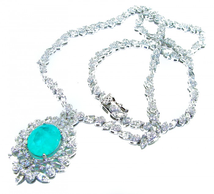 Giovanna 10.2 carat authentic Emerald rhodium over .925 Sterling Silver handcrafted Statement necklace - Emerald necklace on white background, showcasing pendant detail.