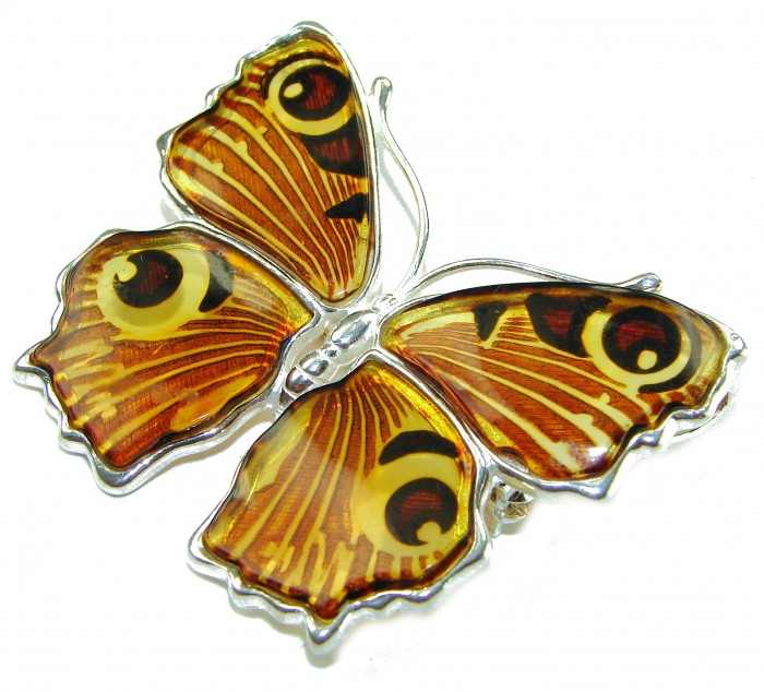 Large Golden Butterfly carved Baltic Polish Amber .925 Sterling Silver handcrafted Pendant / Brooch - Large golden butterfly amber brooch, top view.