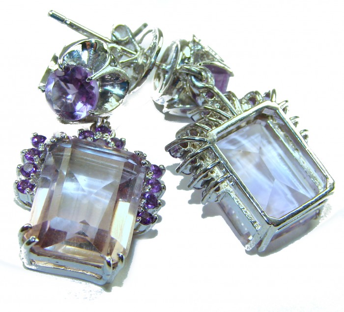 Purple Beauty 15.5 carat Ametrine .925 Sterling Silver HANDCRAFTED Earrings - Close-up of Purple Beauty Ametrine earrings in sterling silver.
