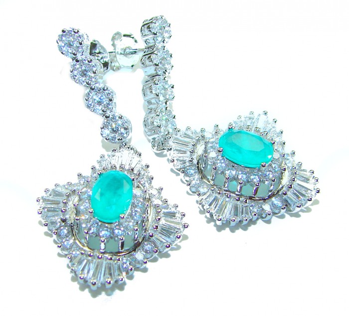 Pure Luxury 6.2 carat natural Colombian Emerald .925 Sterling Silver handmade Statement earrings - Close-up of sterling earrings with Colombian emerald and diamonds