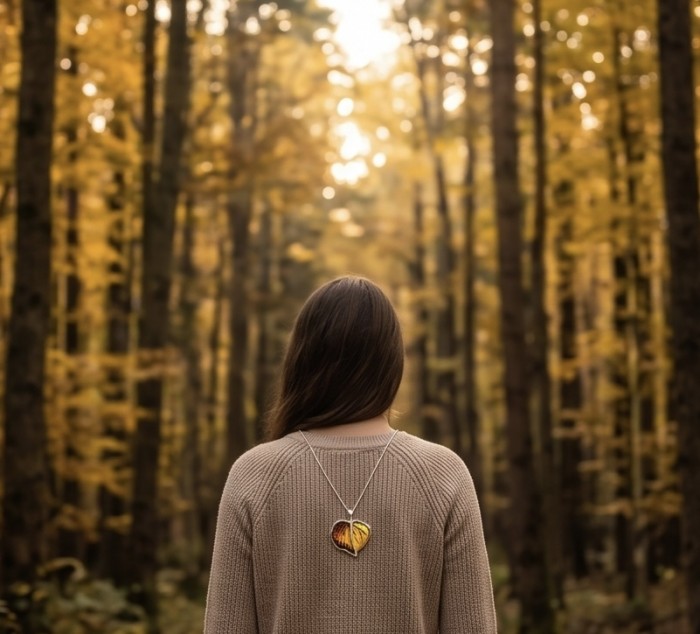 Golden Leaf Buttescotch Baltic Amber .925 Sterling Silver dipped in 18K Gold handmade pendant - Necklace with amber leaf pendant worn in an autumn forest setting.