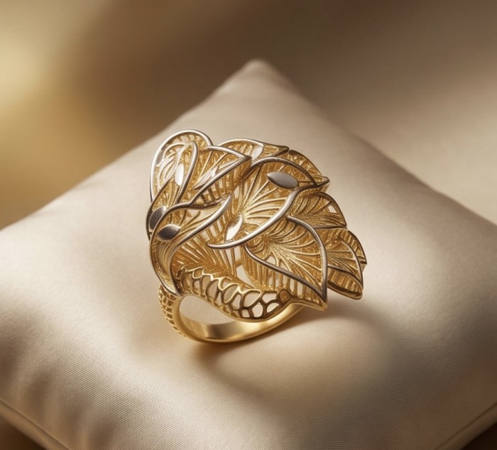 Dubai Style - .925 Sterling Silver dipped in 22K Gold handmade Large ring size 8 - Ornate 22K gold-dipped sterling silver ring, top view on cushion.