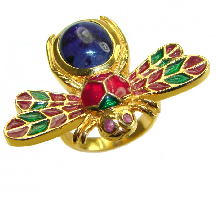 Lucky Bee Enamel Sapphire 18K Gold over .925 Sterling Silver Huge handcrafted Ring s. 6 1/2 - photo 2