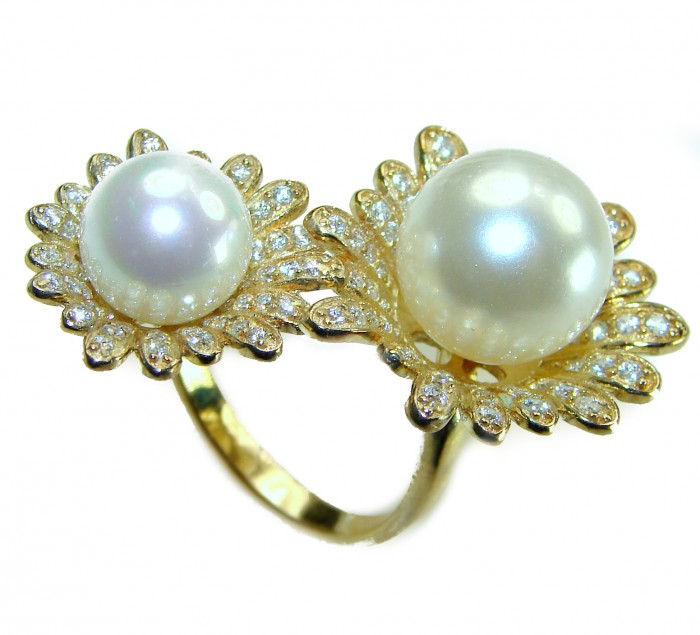 Luxurious 2 Pearls 0.7 carat lab. grown diamonds 18K Gold over .925 Sterling Silver brilliantly handcrafted ring s. 8 1/4 - photo 3