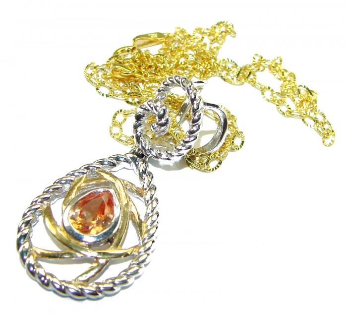 Mystery Natural Golden Topaz 2 tones .925 Sterling Silver handcrafted necklace - Golden Topaz pendant and chain close-up in two-tone sterling silver.