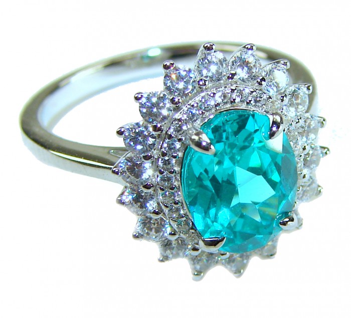 Eau Pure 6.5 carat Paraiba Tourmaline .925 Sterling Silver Handcrafted Ring size 6 1/4 - Close-up of Eau Pure Paraiba Tourmaline ring with diamond accents.