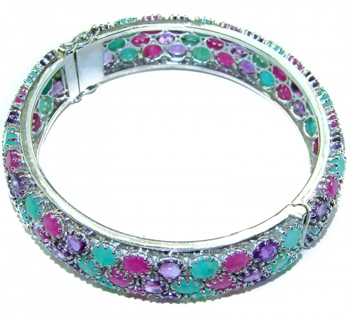 Anna Maria Authentic 61.2 carat Ruby Emerald Sapphire .925 Sterling Silver handmade bangle Bracelet - Top view of Anna Maria 61.2 carat ruby emerald sapphire bracelet
