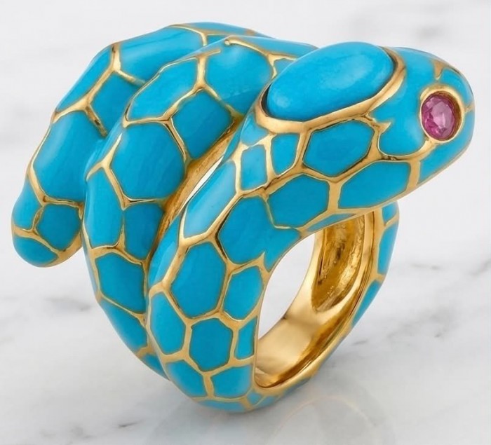 Blue Snake inlay Truquoise Enamel 2.6 carat natural Turquoise 18K Gold over .925 Sterling Silver Huge handcrafted Ring s. 8 - Side view of blue snake ring with turquoise enamel and gemstone eye.