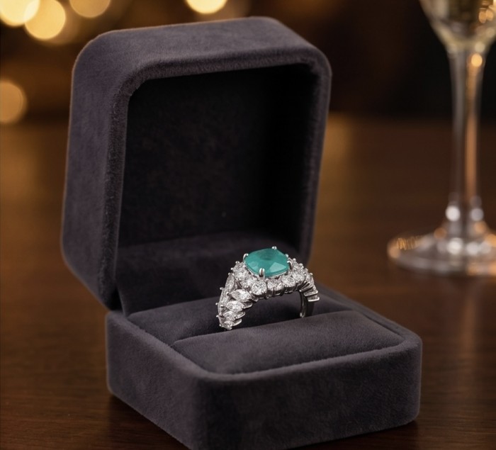 5.4 carat natural Colombian Emerald 8.9 carat Moissanite .925 Sterling Silver handmade Statement Ring size 7 1/2 - Emerald and moissanite ring in open box, front view on table.