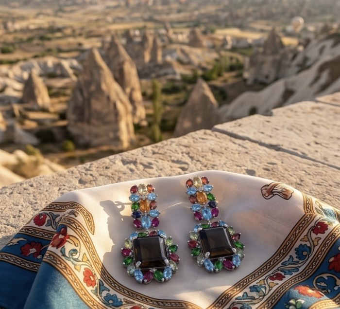 Giovanna 29.5 carat Champagne Smoky Topaz Rhodium over .925 Sterling Silver handmade Statement Earrings - Earrings on scarf with Cappadocia landscape background, top view.