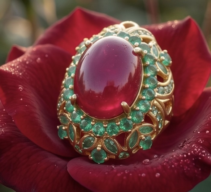 Carmen Natural 15.4 carat Ruby .925 Sterling Silver dipped in 22K Gold handmade Large Statement Ring size 8 - Close-up of Carmen 15.4ct Ruby ring on red rose with emerald accents.