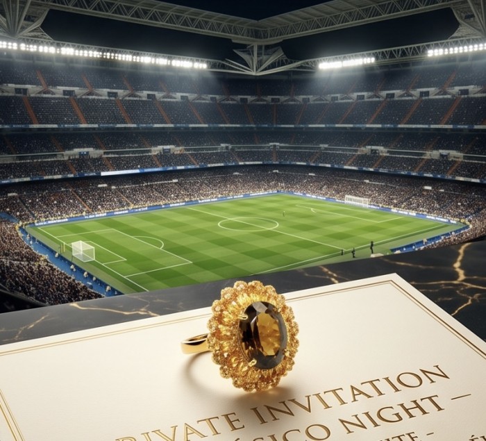 Serenity 18.5 carat genuine Smoky Topaz 18K Gold over .925 Sterling Silver HUGE Ring size 7 3/4 - Smoky Topaz 18K Gold ring on invitation, stadium background.