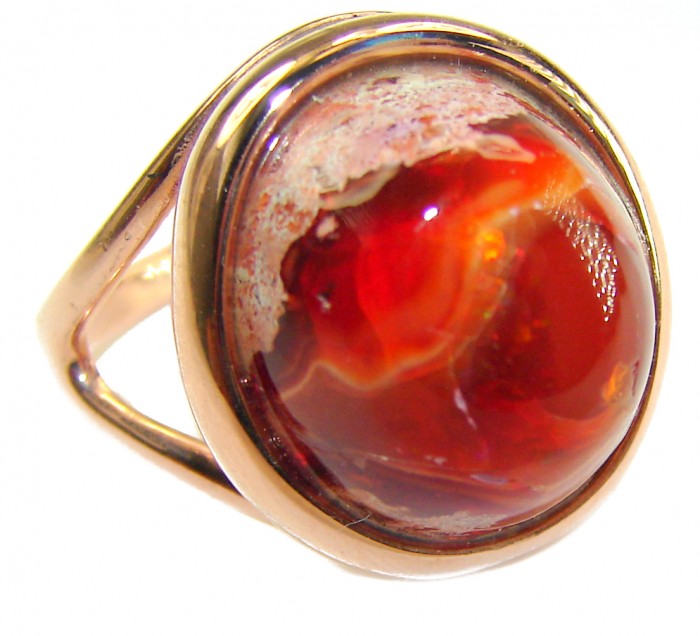 Orange Galaxy best quality 14.4 carat Mexican Opal 18K Rose Gold over .925 Sterling Silver handmade ring 7 - Close-up of 14.4 carat Mexican Opal ring in 18K rose gold.