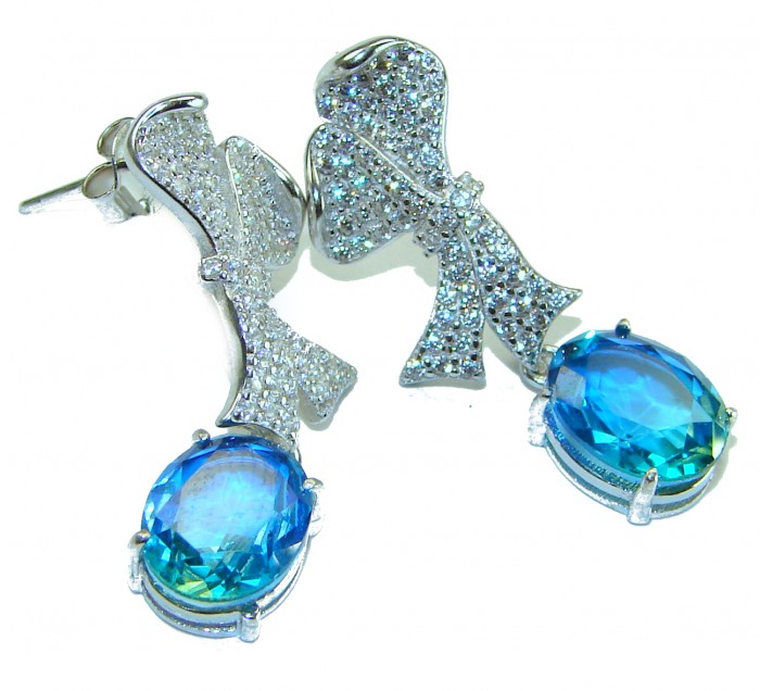 Atlantica 5.7 carat Aquamarine .925 Sterling Silver Handcrafted Statement earrings - Aquamarine and silver earrings with bow detail, front view.
