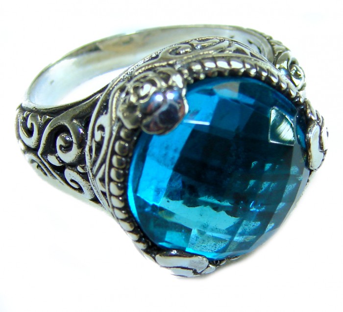 Nautilus 12.8 carat London Blue Topaz .925 Sterling Silver handcrafted Ring size 7 adjustable - Side view of Nautilus 12.8 carat London Blue Topaz Sterling Silver ring