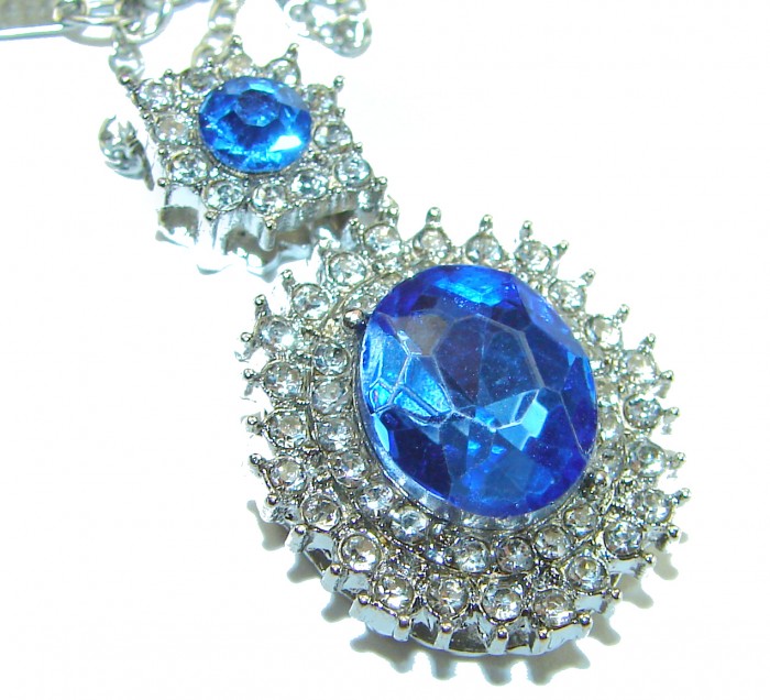 Pacifica 15.5 carat Swiss Blue Topaz .925 Sterling Silver Handcrafted necklace - Close-up of blue topaz pendant with silver and diamond accents.