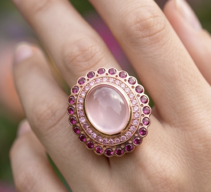 Vivien - Natural 25.8 carat pear cut BRAZILIAN Rose Quartz .925 Sterling Silver dipped in 22K Rose Gold handmade Statement Ring size 6 - Rose Quartz ring close-up, worn on hand, surrounded by pink stones.