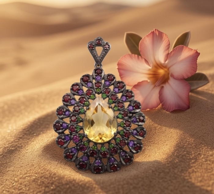 Valentina - Vintage Design Genuine 28.5 carat Citrine .925 Sterling Silver dipped in black rhodium handmade Pendant Brooch - Citrine pendant front view on sand with flower backdrop.
