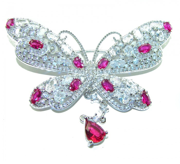 Vintage Design - Red Butterfly - Genuine 10.2 carat Ruby 14k White Gold over .925 Sterling Silver handmade Pendant Brooch - Butterfly brooch with red rubies and diamonds, top view.