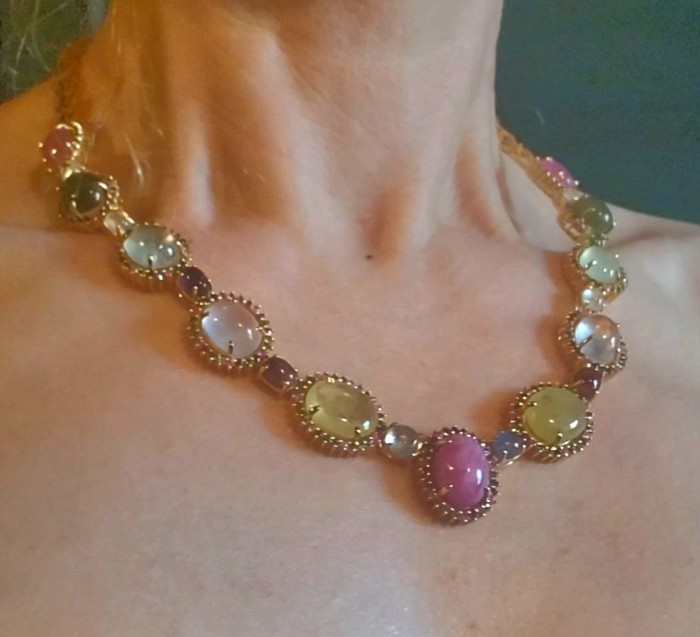 Color Me Brightly - Brazilian Watermelon Tourmaline 18K Gold over .925 Sterling Silver handmade necklace - Necklace worn on neck, featuring Brazilian Watermelon Tourmaline stones.
