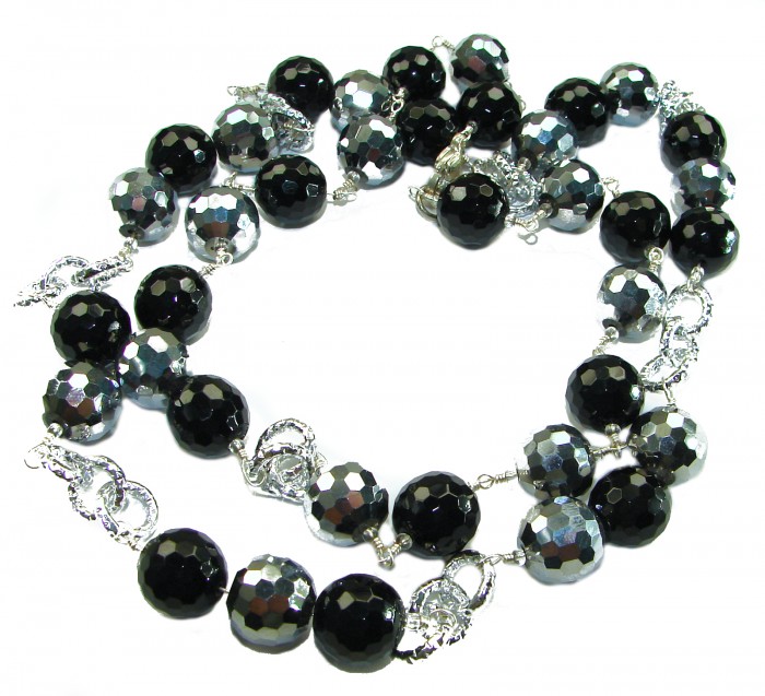 34 inches authentic Onyx Crystal .925 Sterling Silver handmade Station Necklace - Faceted onyx and crystal beaded necklace, top view, with silver links