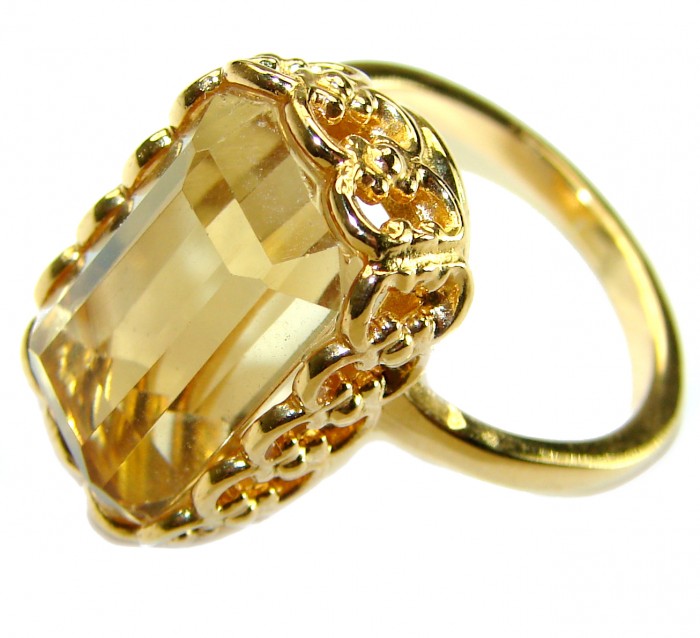 14.8 carat Baguette cut Genuine Lemon Quartz 14K Gold over .925 Sterling Silver handcrafted ring size 9 1/4 - photo 2