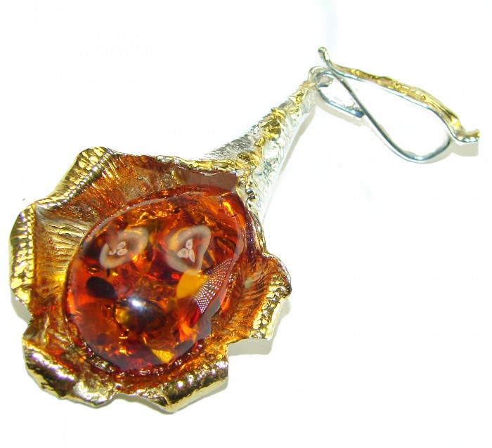 Masterpiece Golden Natural Baltic Amber 14K Gold over .925 Sterling Silver handmade Pendant - photo 3