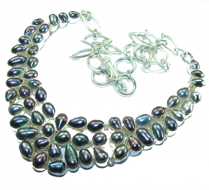 HUGE 102.5 grams genuine Rainbow Mothet of Pearl .925 Sterling Silver handcrafted Necklace - Necklace with rainbow pearls and silver chain, front view