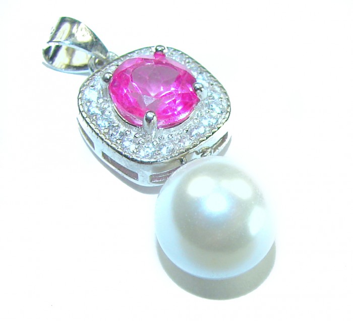 A Spark of Sweetness 2.8 carat Hot Pink Sapphire Pearl .925 Sterling Silver handcrafted Pendant - Close-up of hot pink sapphire and pearl pendant with .925 silver detail.