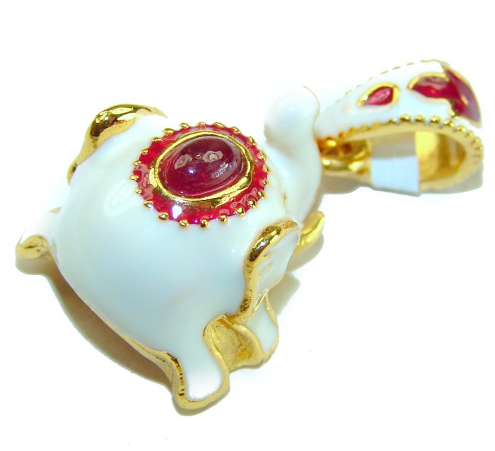 White Elephant Enamel Ruby 18K Gold over .925 Sterling Silver handmade Pendant - White elephant enamel pendant, top view, ruby accent, gold details.