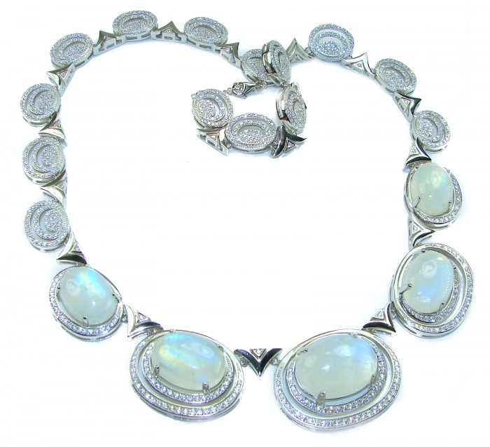 Moonlight Serenade authentic 62.5 carat Fire Moonstone Rhodium over .925 Sterling Silver handcrafted necklace - Close-up of Moonlight Serenade necklace with fire moonstones.