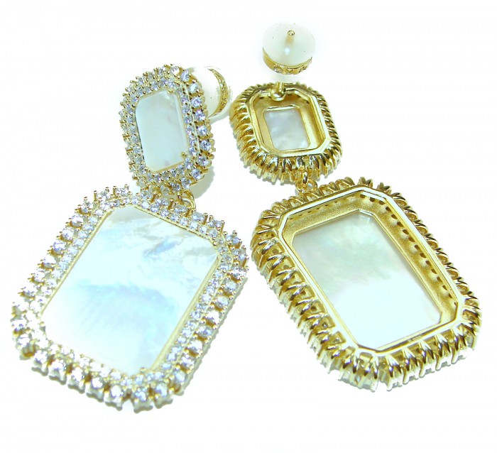 Genuine Blister Pearl lab grown Diamond 18K Gold over .925 Sterling Silver handcrafted Large Statement Earrings - Pair of earrings with pearls and diamonds, front view, gold setting.
