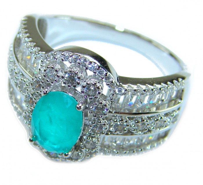 Victorian Style 4.5 carat Emerald & White Topaz Copper over Sterling Silver ring; s. 9 - Emerald and topaz ring, angled detail view, Victorian style design