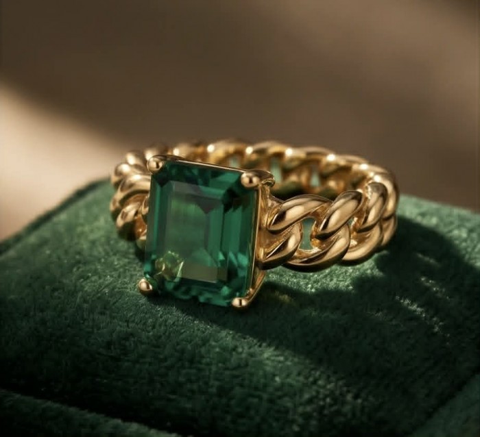 4.9 carat natural Colombian Emerald .925 Sterling Silver handmade Statement Ring size 7 - Gold rope ring with emerald close-up on green velvet background