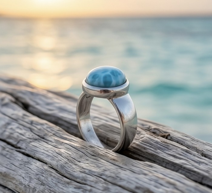 7.9 carat Blue Perfection natural Larimar .925 Sterling Silver handmade ring size 7 1/4 - Side view of natural Larimar ring on driftwood with ocean backdrop