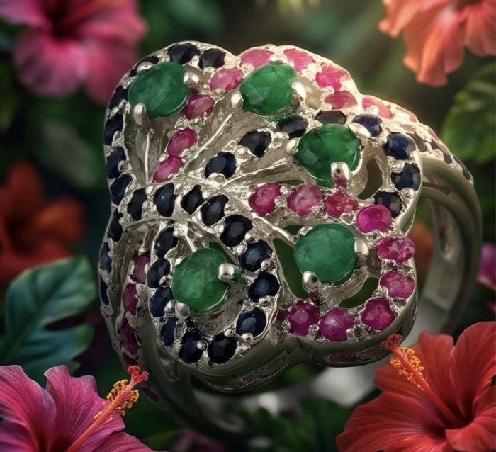 Exotic Beauty Authentic 8.2 carat Colombian Emerald .925 Sterling Silver handcrafted Ring size 7 1/4 - Close-up of Colombian emerald ring with colorful gemstones and floral backdrop.