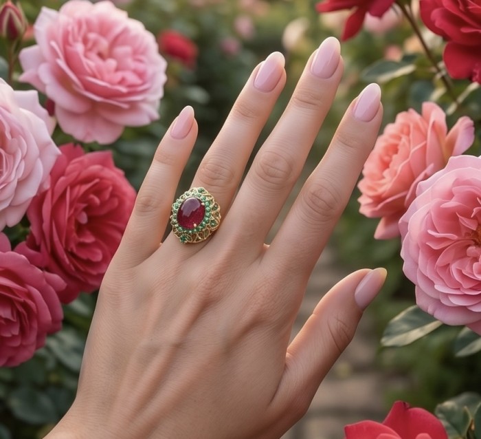 Carmen Natural 15.4 carat Ruby .925 Sterling Silver dipped in 22K Gold handmade Large Statement Ring size 8 - Ruby ring worn on hand among blooming roses.