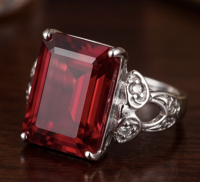 Carmen 15.5 carat emerald cut Ruby .925 Sterling Silver handcrafted incredible ring s. 6 3/4 - Close-up of 15.5ct emerald cut Ruby in ornate .925 Sterling Silver ring.