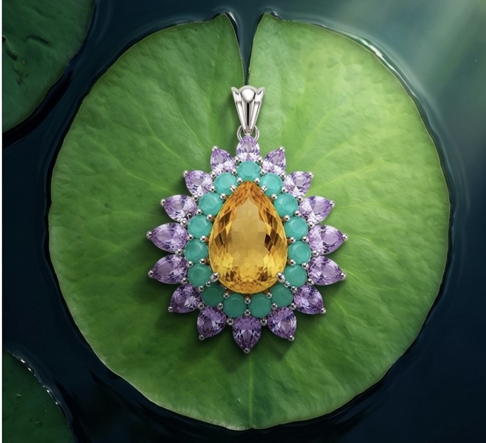 Grace 28.8 carat Citrine Colombian Emerald .925 Sterling Silver handcrafted Statement pendant - Pendant on lily pad, close-up, featuring citrine and emerald stones.