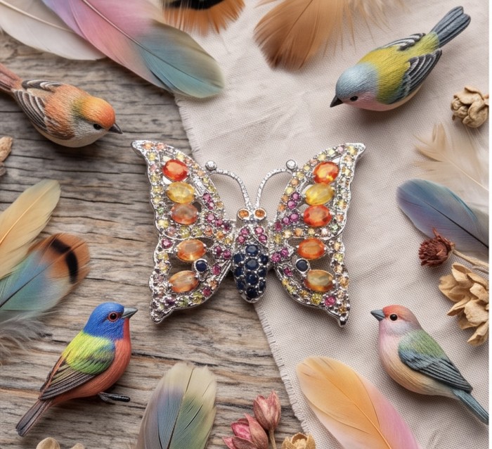 Butterfly authentic 9.8 carat multicolor Sapphire .925 Sterling Silver handmade Pendant Brooch - Butterfly sapphire brooch with colorful feathers and bird decorations.