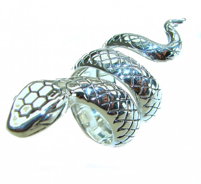 Large Boa Snake .925 Sterling Silver handcrafted Statement SPINAL Ring size 6 - Snake sterling silver ring, angled view showing detailed scales.