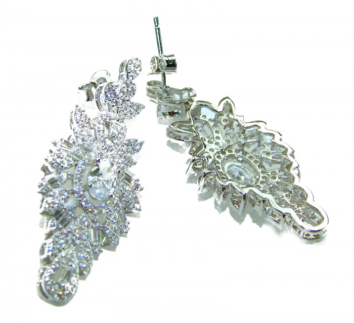 LUXURIUS 12.2 carat White Topaz .925 Sterling Silver handcrafted earrings - Elegant Sterling Silver and White Topaz Earrings, front and back views.
