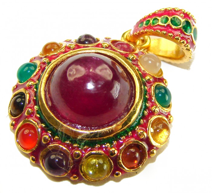 Circle of Life Deluxe 9.2 carat authentic Ruby enamel 18K Gold over .925 Sterling Silver handmade Pendant - Close-up of gem-encrusted pendant with central ruby.