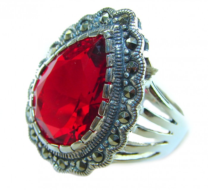 Crimson Fire Authentic 12.4 carat Garnet .925 Sterling Silver brilliantly handcrafted large Statement Ring size 7 1/4 - Close-up of Crimson Fire 12.4 carat garnet ring with .925 sterling silver.